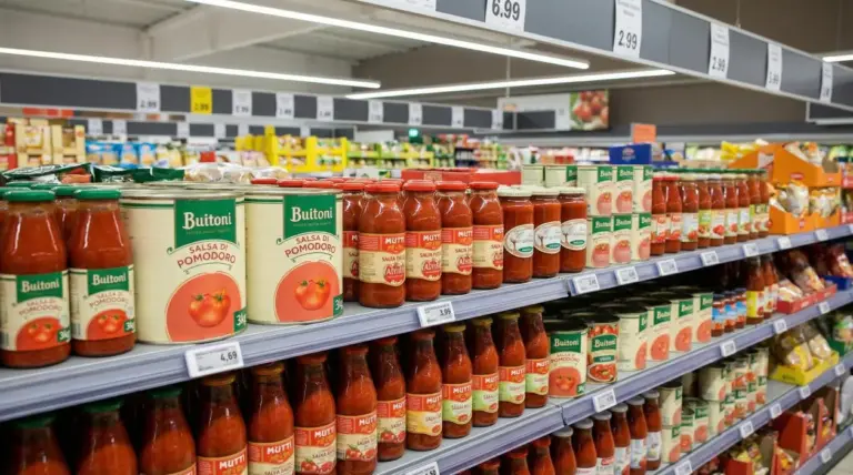 Scaffale di un supermercato con varie marche di salsa di pomodoro in esposizione