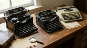 Tre macchine da scrivere vintage su un tavolo di legno vicino a una finestra.