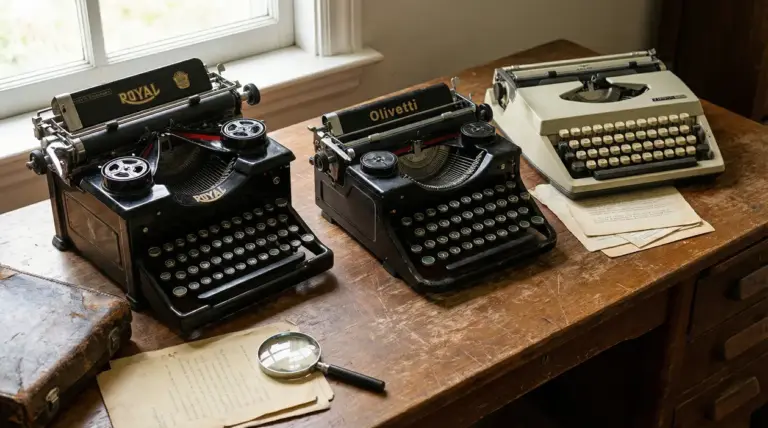 Tre macchine da scrivere vintage su un tavolo di legno vicino a una finestra.