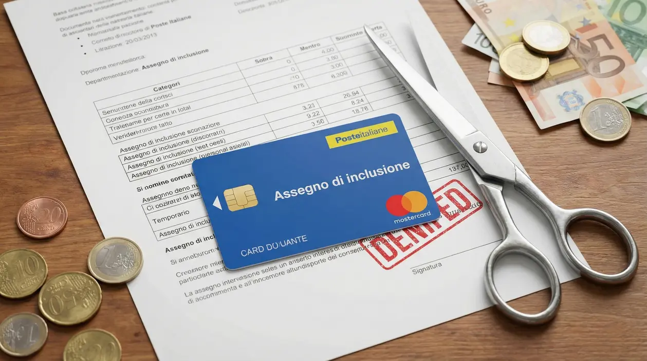 Carta dell'assegno di inclusione su un documento rifiutato con forbici e monete accanto