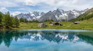 Chalet in pietra vicino a un lago alpino con vista sulle montagne innevate in Valle d'Aosta