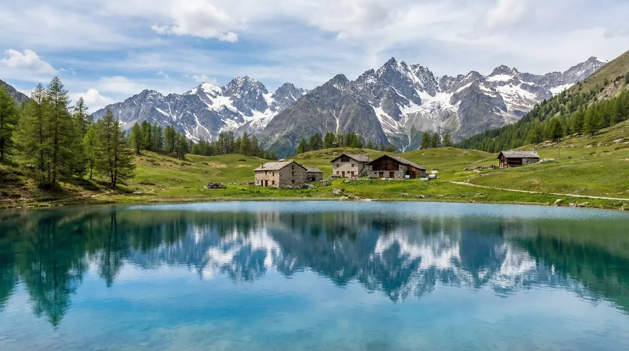 Chalet in pietra vicino a un lago alpino con vista sulle montagne innevate in Valle d'Aosta