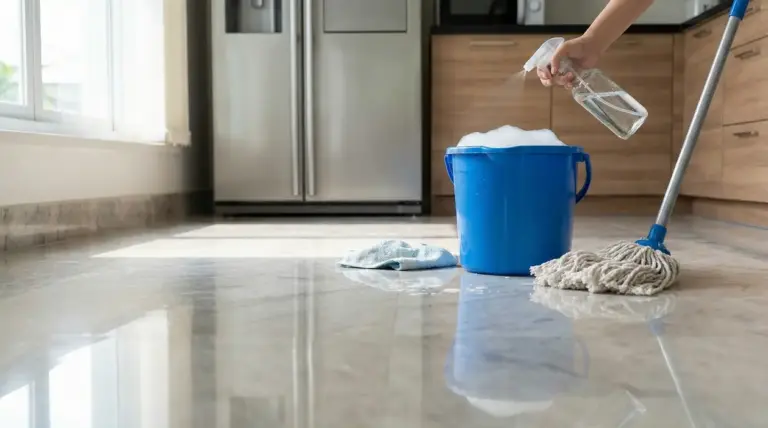 Pavimento lucido in cucina con secchio, mocio e spray per la pulizia