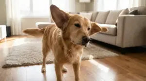 Cane scuote la testa in un soggiorno illuminato dalla luce naturale