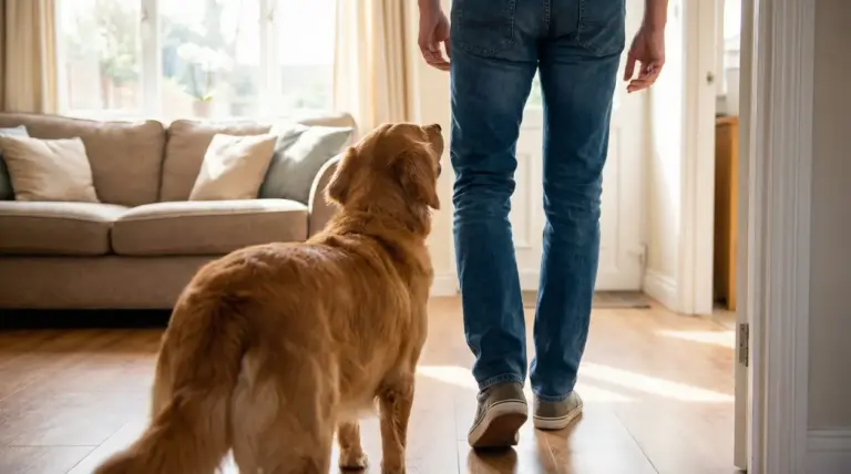 Cane che segue una persona all'interno di una casa luminosa
