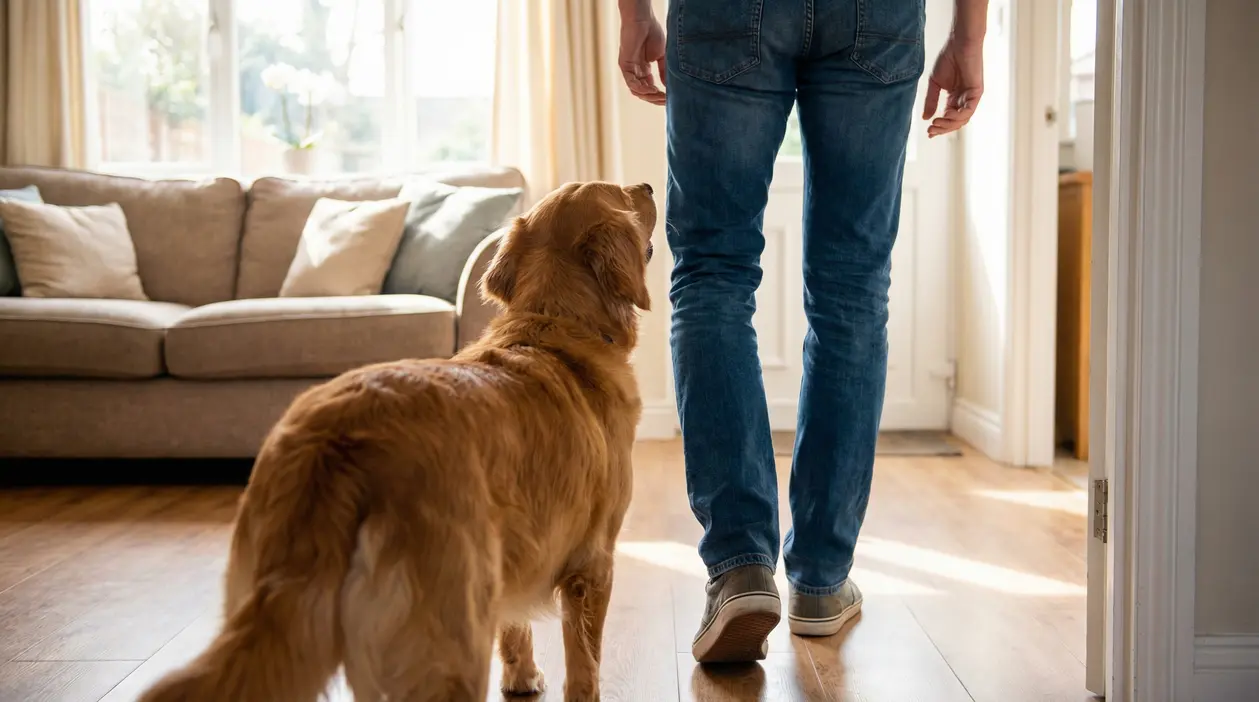 Cane che segue una persona all'interno di una casa luminosa