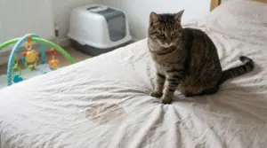 Gatto seduto su un letto con una macchia visibile sul lenzuolo