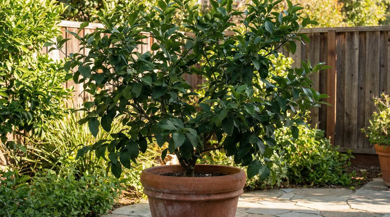 Albero di limone in vaso con foglie verdi ma senza frutti in un giardino