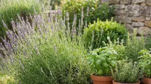 Piante aromatiche in vaso e lavanda in fiore in un giardino soleggiato