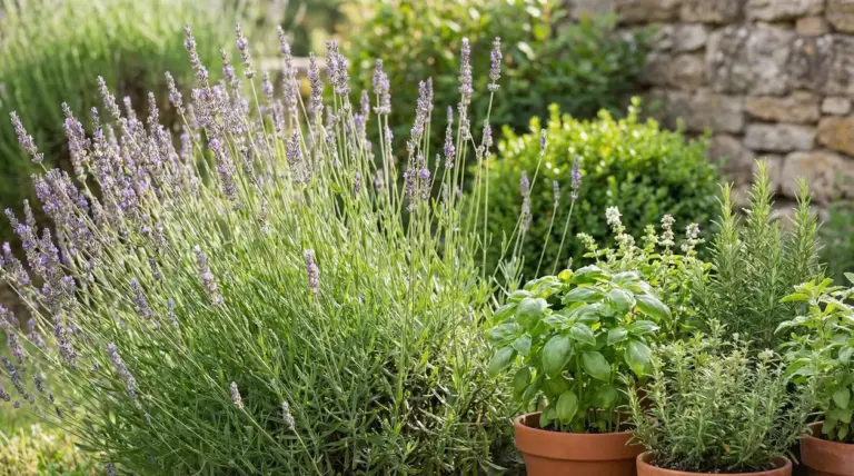 Piante aromatiche in vaso e lavanda in fiore in un giardino soleggiato