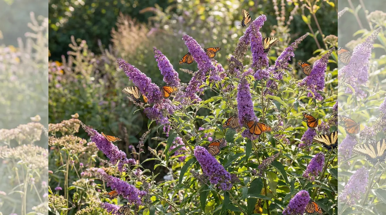Farfalle su fiori viola di una pianta in fiore in un giardino soleggiato