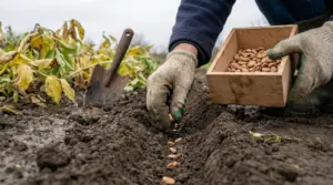 Mani con guanti che piantano fave in un solco di terra in un orto
