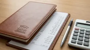 Libretto bancario con elenco di movimenti accanto a calcolatrice e penna su tavolo