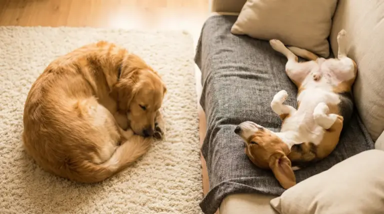 Due cani che dormono in posizioni diverse, uno raggomitolato su un tappeto, l'altro a pancia in su sul divano