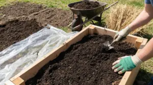 Persona che lavora il terreno in una cassa di legno in un orto all'aperto