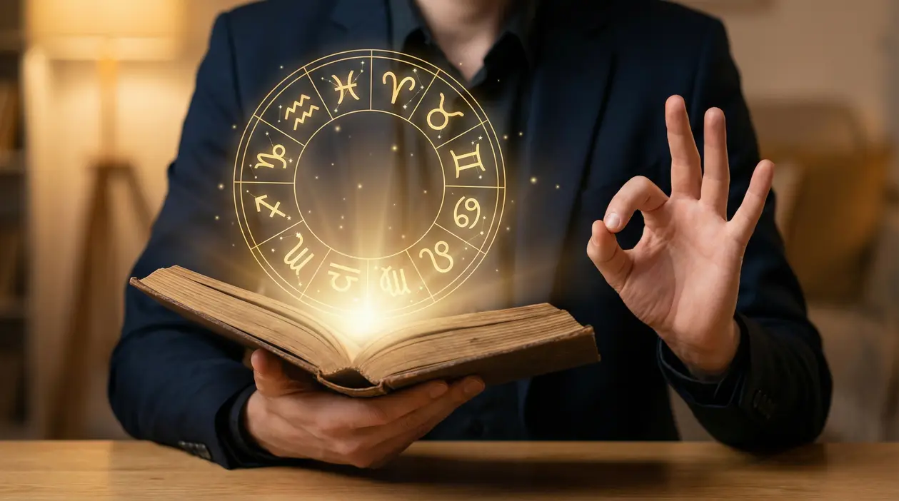 Persona con libro aperto e simboli zodiacali luminosi in primo piano