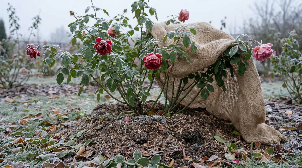Piantina di rose coperta con juta per proteggerla dal gelo invernale