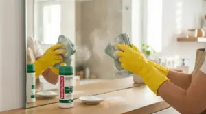 Persona con guanti gialli pulisce uno specchio con un panno e borotalco.