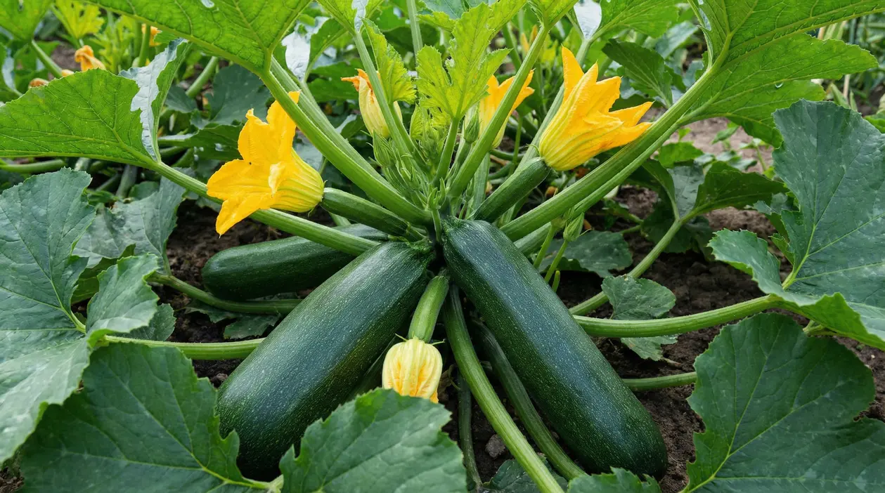 Pianta di zucchine con frutti maturi e fiori gialli in un orto