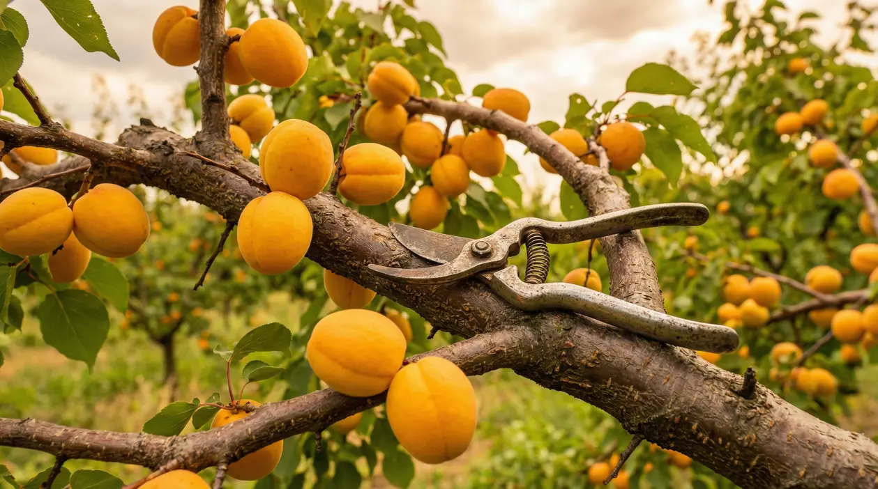 Ramo di albicocco carico di frutti maturi con cesoie da potatura appoggiate sopra