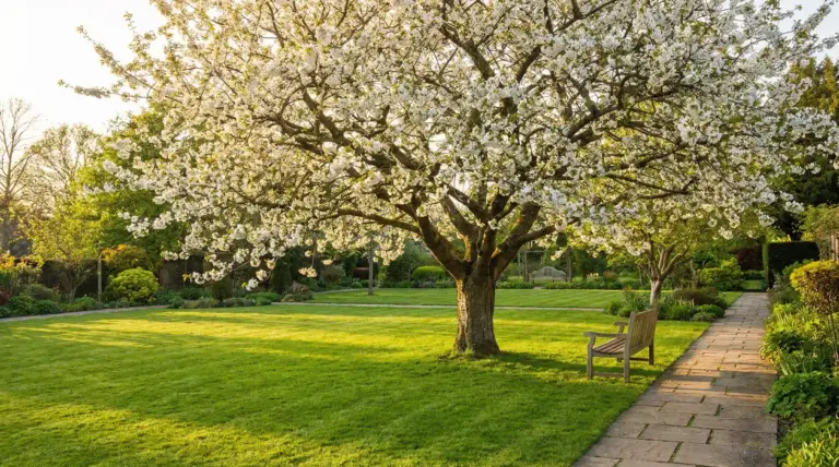 Albero in fiore in un giardino curato con prato verde e panchina