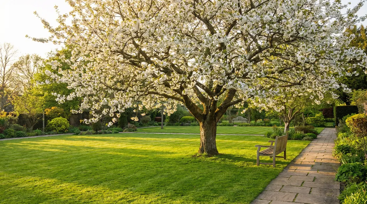 Albero in fiore in un giardino curato con prato verde e panchina