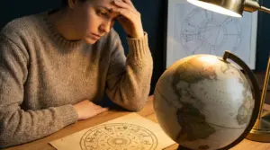 Persona pensierosa guarda una mappa astrologica su un tavolo con un mappamondo e una lampada.