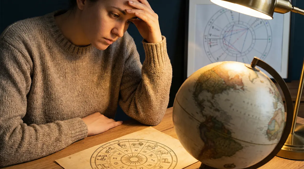 Persona pensierosa guarda una mappa astrologica su un tavolo con un mappamondo e una lampada.