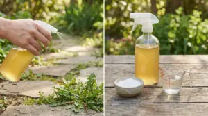 Spray naturale su erbacce e ingredienti come sale e aceto su un tavolo di legno