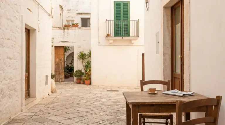 Cortile tranquillo in un borgo pugliese con tavolo in legno, una tazza e un giornale