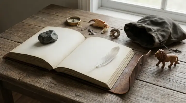 Libro aperto su tavolo in legno con oggetti ispirati all'astrologia e una piuma