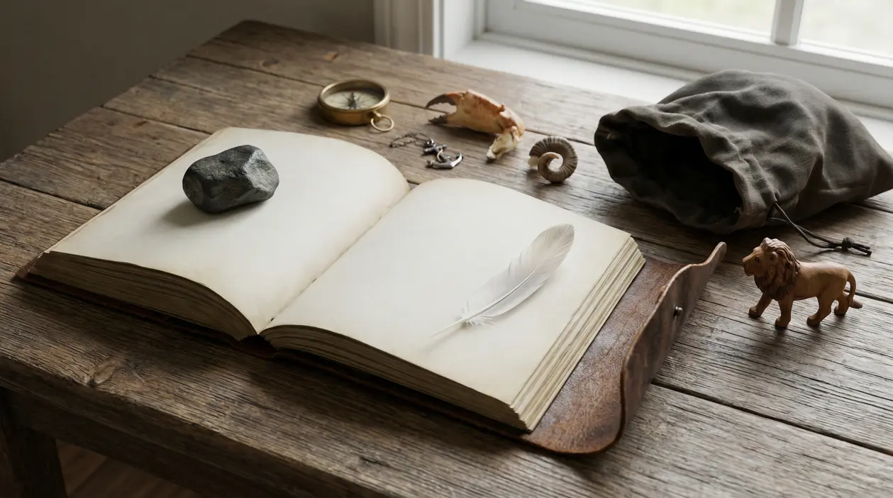 Libro aperto su tavolo in legno con oggetti ispirati all'astrologia e una piuma