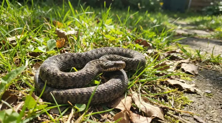 Un serpente marrone arrotolato sull'erba in un giardino soleggiato