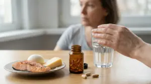 Persona seduta a tavola con integratori, bicchiere d'acqua e alimenti ricchi di vitamina B12