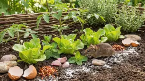 Topo in un orto vicino a piante di lattuga, erbe aromatiche e rimedi naturali come aglio e peperoncino.