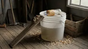 Trappola per topi fai da te con secchio, bottiglia e asse di legno in un ambiente rustico