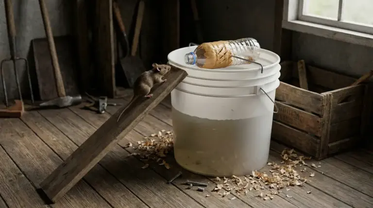 Trappola per topi fai da te con secchio, bottiglia e asse di legno in un ambiente rustico