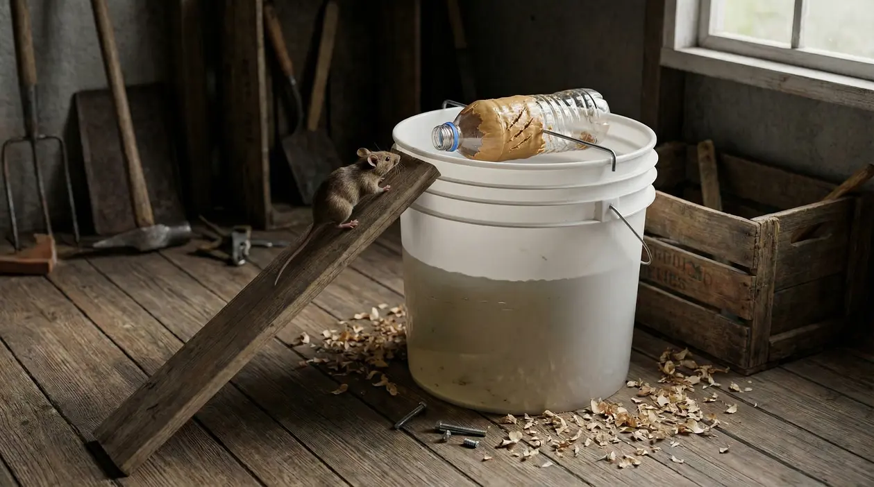 Trappola per topi fai da te con secchio, bottiglia e asse di legno in un ambiente rustico