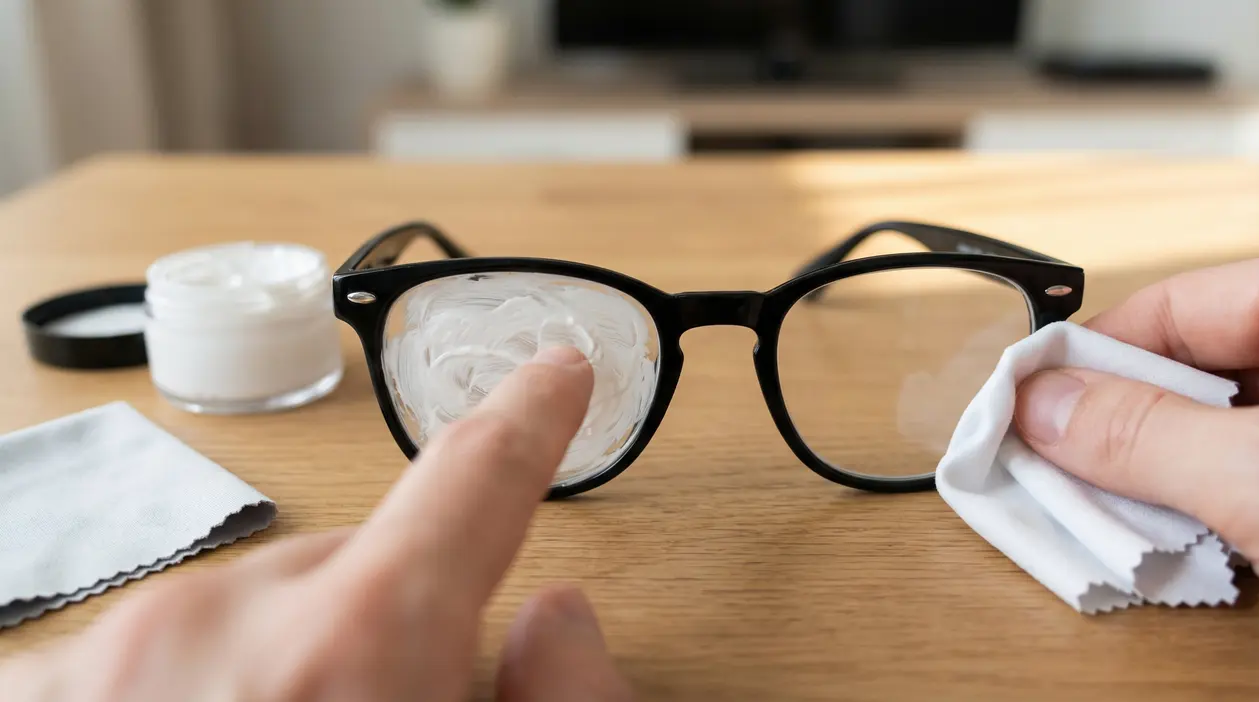 Persona che pulisce gli occhiali con crema e panno in microfibra su un tavolo