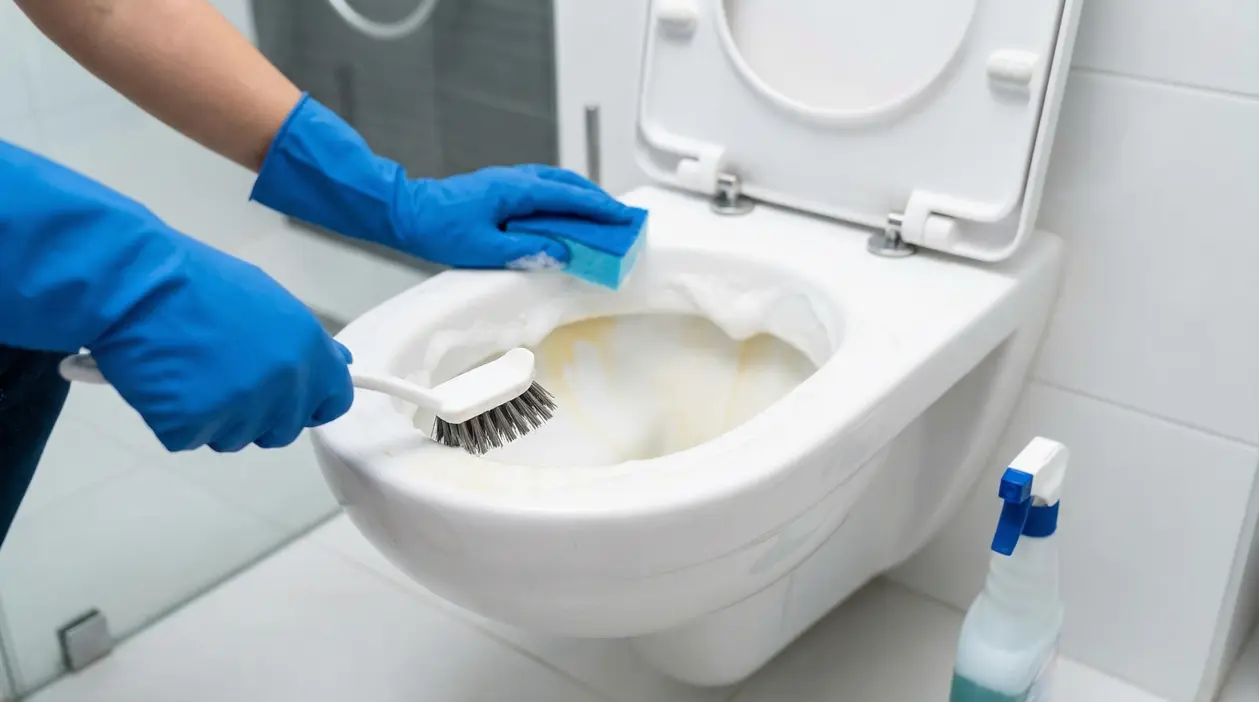 Mani con guanti blu puliscono un water con spazzola e spugna