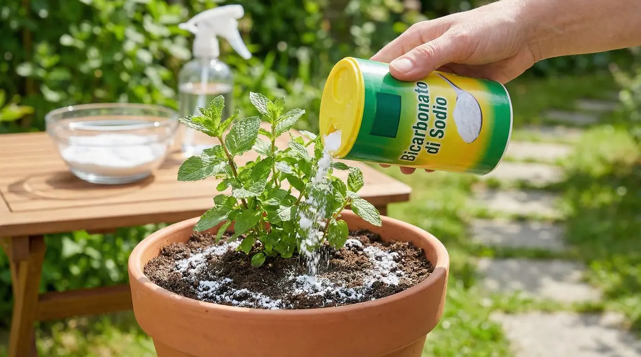 Mano che versa bicarbonato di sodio su una pianta in vaso in giardino