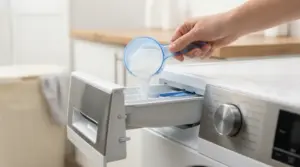 Una mano versa percarbonato di sodio nel cassetto di una lavatrice.