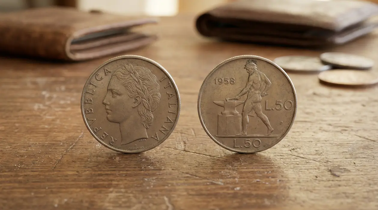 Due monete da 50 lire del 1958 poggiate su un tavolo di legno