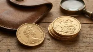 Vecchie sterline d'oro appoggiate su un tavolo in legno con lente d'ingrandimento e portamonete