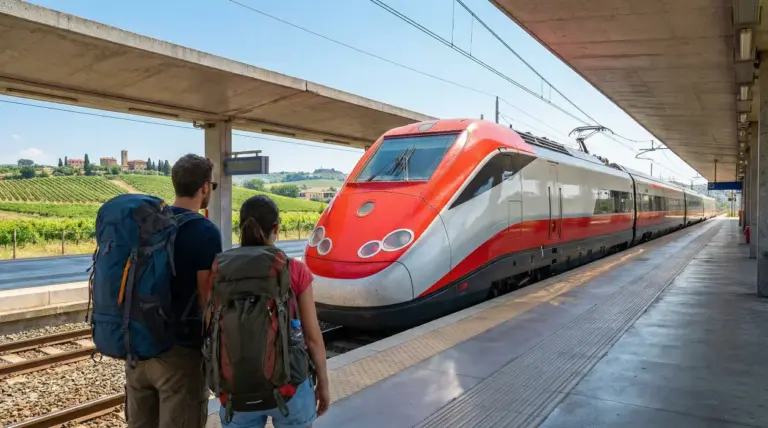 Due persone con zaini attendono un treno ad alta velocità in una stazione in campagna in Italia