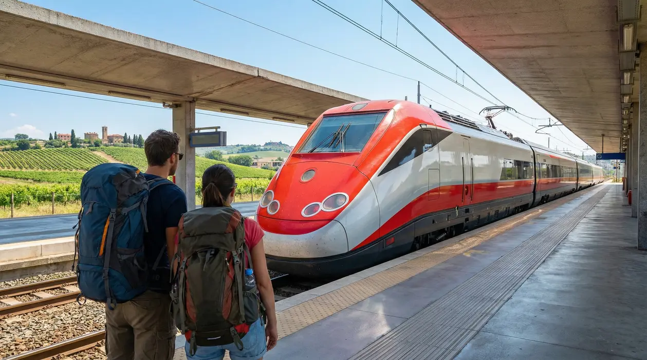 Due persone con zaini attendono un treno ad alta velocità in una stazione in campagna in Italia